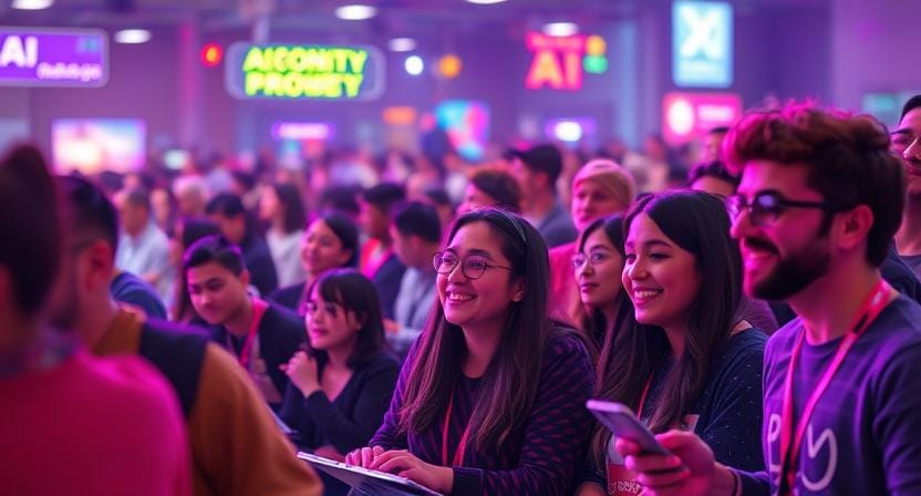 A vibrant photo of a diverse crowd at an AI conference or hackathon, smiling and engaging with technology, to convey community energy.